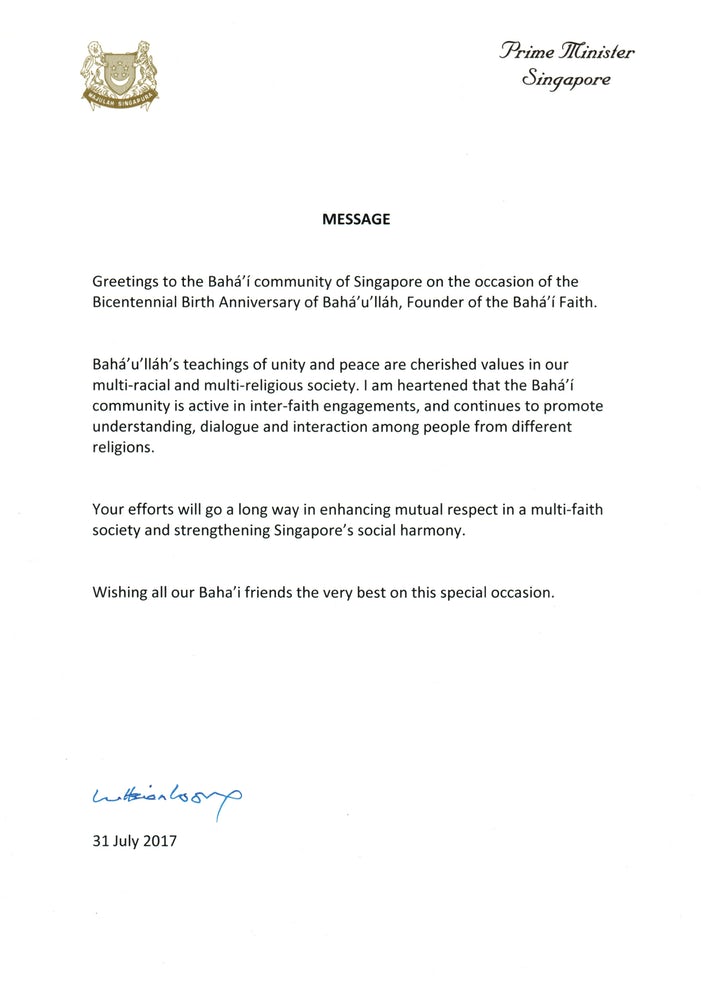 Szingapúr miniszterelnökének üdvözlő levele a bicentenárium alkalmából a bahá’í közösségnek © Bahá’í Nemzetközi Hírszolgálat news.bahai.org
